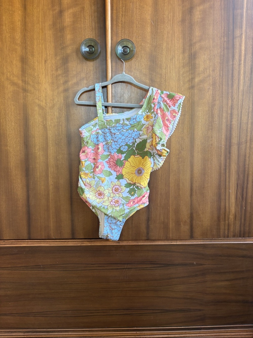 Janie and Jack Floral One-Shoulder Swimsuit in Pastel Blue, Pink, Yellow & Green